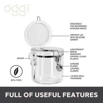 OGGI Clear Canister Airtight 38oz - Clamp Lid & Spoon - Airtight Food Storage Containers, Ideal for Kitchen & Pantry Storage of Bulk, Dry Food Including Flour, Sugar, Coffee, Rice, Tea, Spices & Herbs - size: 38 Fluid Ounces