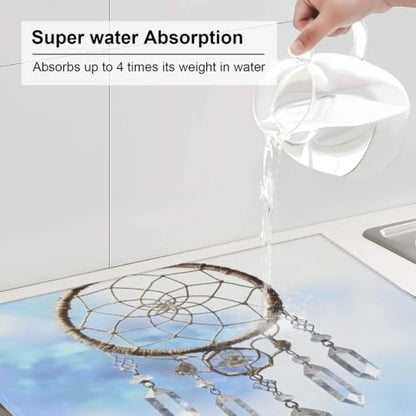 White fantasy dream catcher Dish Drying Mat for Kitchen Counter, Absorbent Microfiber Drainer Mats, Non-slip Kitchen Draining Mat for Coffee Machine Dish Rack Pad 18"x16" Dish Drainer Pad - color: White Fantasy Dream Catcher