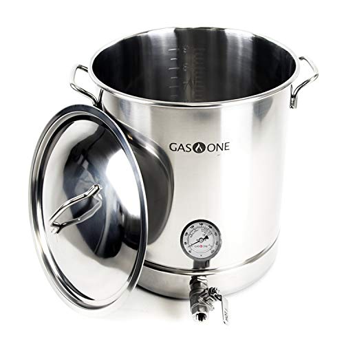 GasOne 10 Gallon Stainless Steel Home Brew Kettle Pot Pre Drilled 4 PC Set 40 Quart Tri Ply Bottom for Beer Brewing Includes Stainless Steel Lid, Thermometer, Ball Valve Spigot - Home Brewing Supplies - size: 40 QT/10 GALLON
