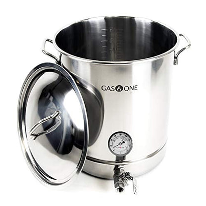 GasOne 10 Gallon Stainless Steel Home Brew Kettle Pot Pre Drilled 4 PC Set 40 Quart Tri Ply Bottom for Beer Brewing Includes Stainless Steel Lid, Thermometer, Ball Valve Spigot - Home Brewing Supplies - size: 40 QT/10 GALLON