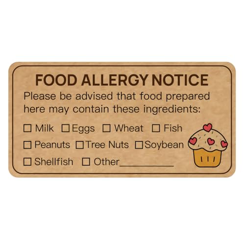 180 PCS Allergy Stickers for Cake,Kraft Paper Food Allergy Warning Labels,Ingredients Label Sticker for Bakery,Food Bag,Restaurant,Kitchen(1.1x2.2inch)