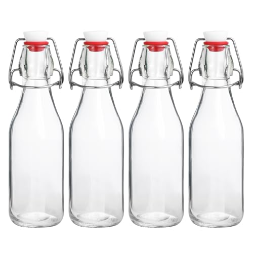 Swing Top Bottles,8.5oz 4 Pack Flip Top Glass Bottle with Airtight Grolsch Closures, Reusable for Kombucha, Beer, Cold Brew, Homemade Beverages & Storage