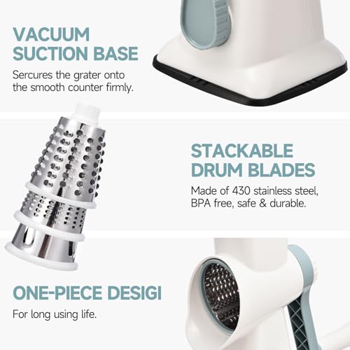 Rotary Cheese Grater with Handle Kitchen Shredder Slicer Grater Slicer Ice Shaver Cheese Vegetable Nuts Potato Zucchini Chocolate 3 Interchangeable Blades (WhiteBlue) - color: WhiteBlue