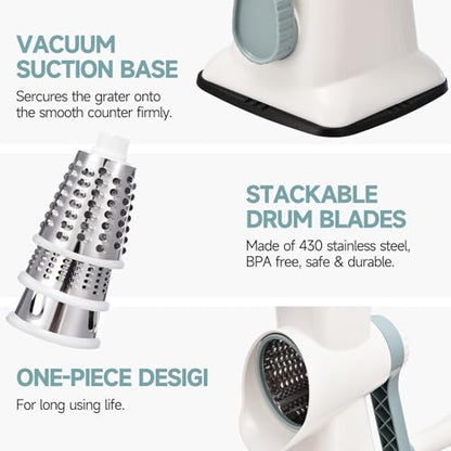 Rotary Cheese Grater with Handle Kitchen Shredder Slicer Grater Slicer Ice Shaver Cheese Vegetable Nuts Potato Zucchini Chocolate 3 Interchangeable Blades (WhiteBlue) - color: WhiteBlue