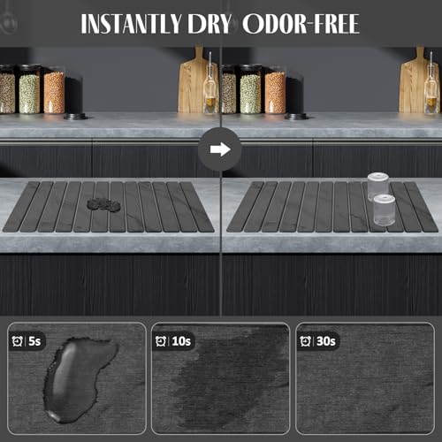 Extra Large Stone Dish Drying Mat for Kitchen Counter, 28"(L)×16 "(W) Foldable Quick Dry Dish Drying Mats, Absorbent Diatomaceous Earth Stone Drying Mats for Plate Rack Bottles Cups - Gray Marble - color: Grey Marble
