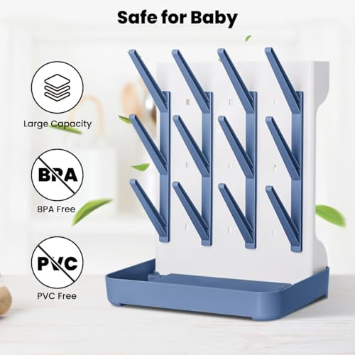 Baby Bottle Drying Rack: Vertical Space Saving Large Bottles Holder - Standing Boon Dryer Rack Baby Accessory - Countertop Holds Up to 12 Bottles & Pump Part Cleaning & Cup (Blue) (Blue) - color: Blue