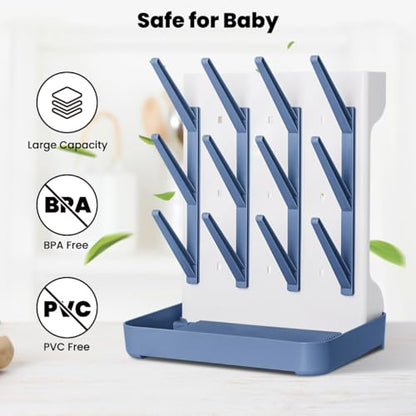 Baby Bottle Drying Rack: Vertical Space Saving Large Bottles Holder - Standing Boon Dryer Rack Baby Accessory - Countertop Holds Up to 12 Bottles & Pump Part Cleaning & Cup (Blue) (Blue) - color: Blue