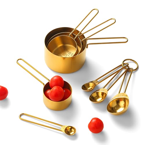 Gold Measuring Cups and Spoons Set, Stainless Steel Measuring Cups, 8 Piece Gold Kitchen Measuring Set, Engraved Measurements, Durable Nesting Design - color: Gold