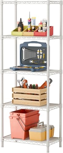 SINGAYE Small Wire 5 Adjustable Shelves Pantry Metal Shelf Floor Organizer | Armoire Adjustable Floor Kitchen Narrow Organizer Rack Shelving Short Square Stackable Standing Storage Tier Under Unit - color: White, size: 5-Tier 9.92"D X 15.72"W X 55."H