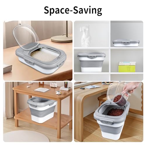 Komzon Rice Storage Container, Collapsible Airtight Food Storage Containers 6-20 Lbs, Rice Dispenser with Measuring Cup and Small Bin for Flour Cereal Pasta Grain, Cat Pet Dog Bird Food Container - color: Gray