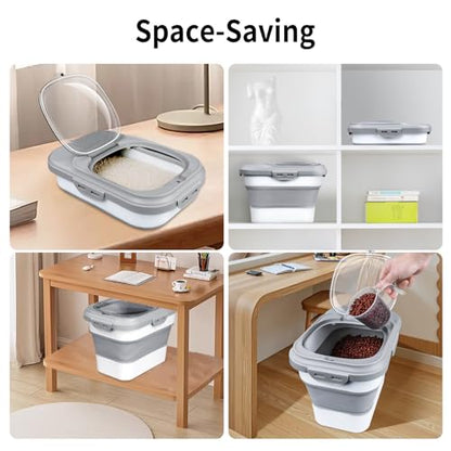 Komzon Rice Storage Container, Collapsible Airtight Food Storage Containers 6-20 Lbs, Rice Dispenser with Measuring Cup and Small Bin for Flour Cereal Pasta Grain, Cat Pet Dog Bird Food Container - color: Gray