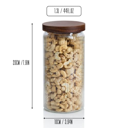 Ribbed Glass Jar with Wooden Lid 16.9oz / 27oz | Airtight Fluted Storage Container for Food, Pasta, Coffee, Candy, Dog Treats, Snacks | Canisters for Home & Kitchen (44 fl.oz / 1300ml -3X) - color: 44 fl.oz / 1300ml -3X