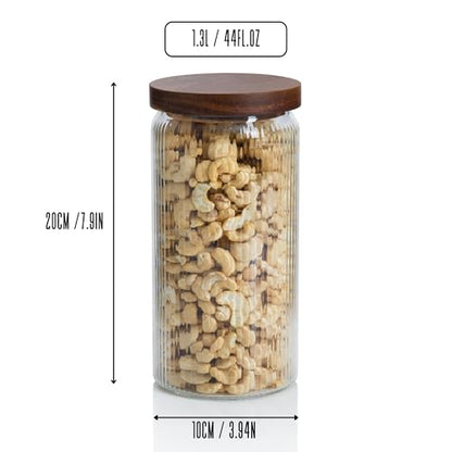 Ribbed Glass Jar with Wooden Lid 16.9oz / 27oz | Airtight Fluted Storage Container for Food, Pasta, Coffee, Candy, Dog Treats, Snacks | Canisters for Home & Kitchen (44 fl.oz / 1300ml -3X) - color: 44 fl.oz / 1300ml -3X