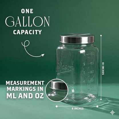 kitchentoolz 1 Gallon Glass Jar with Lid - Extra Large Mason Jar Wide Mouth with Airtight Metal Screw On Lid - Square Glass Storage Container with Measurements for Flour, Sugar, Cookies & Pickling