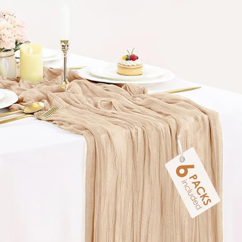 6 Pack Champagne Cheesecloth Table Runners 35x120 Inches Beige Cheese Cloth Table Runner 10FT Boho Sheer Gauze Runner for Bridal Shower Wedding Baby Shower Party Decor - color: Champagne, size: 10ft x 6pcs