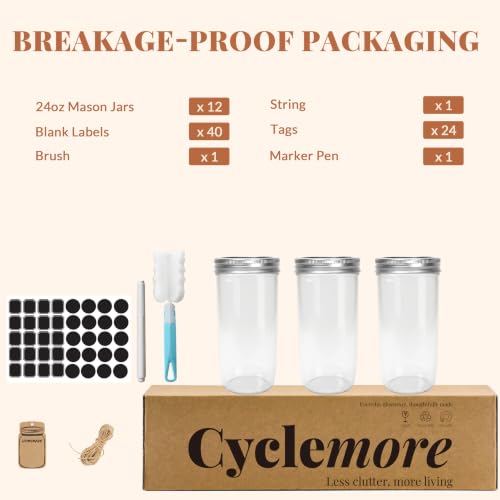 CycleMore 24oz 12 Pack Mason Glass Jars with Silver Separable Lids, Wide Mouth Canning Jars, Glass Pickle Canning Jars for Jelly, Jam, Honey, Wedding Favors, Spices and Herbs - size: 24oz - 12 Pack