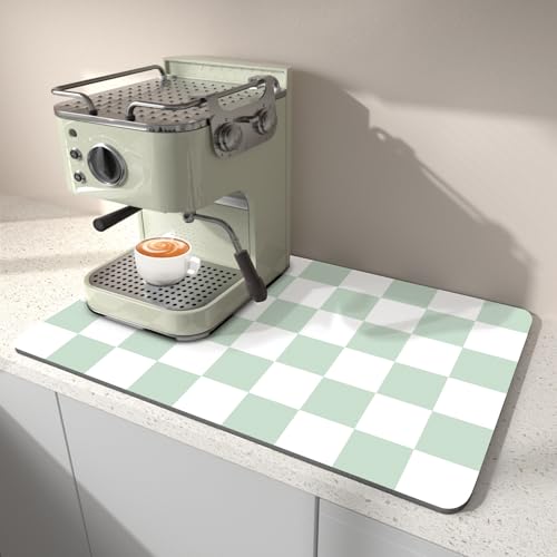 Dish Drying Mat for Kitchen Counter, 12" x 20" Checkered Coffee Bar Mat for Espresso Machine, Absorbent Stain-Resistant Countertop Protector, Non-Slip Back Drying Pad for Coffee Maker, Green & White - color: Green & White, size: 12" x 20"