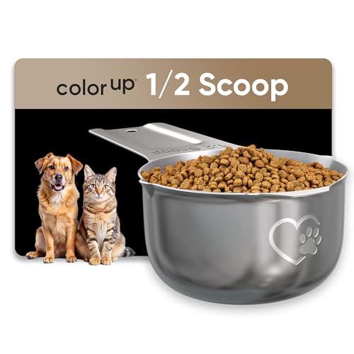 Color Up ½ Cup Pet Food Scoop – Stainless Steel Dog Food Scoop Cup (8 Tbsp) – Rust-Resistant, Heavy-Duty Measuring Scoop for Dogs, Cats, Birds & Rabbits – Perfect for Dry Food & Treats - size: 1/2 Scoop (1/2 Cup)