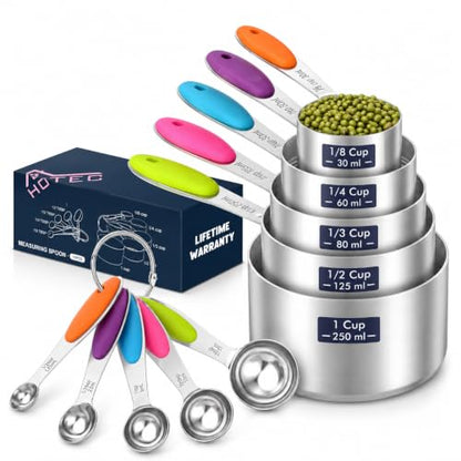 HOTEC 10-Pack Measuring Cups &Spoons Set, Kitchen Gadagets Cooking Baking, Measuring Spoons, Heavy Duty & Dishwasher Safe for Dry and Liquid Ingredients, Multicolor - color: Multicolor