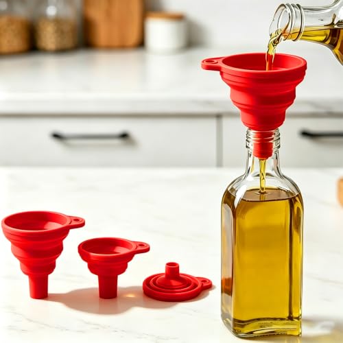 Kitchen Funnel 3 Pack - Food Grade Silicone Collapsible Funnel, Funnels for Kitchen Use Filling Bottles, Daily Cooking, and Water or Powder Transfer. Red - color: 3PCS-Red