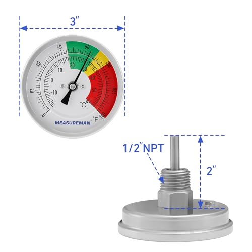 MEASUREMAN Stainless Steel Bimetal Thermometer, 3” Dial, Dual Scale 0-140°F/-20-60°C, 1/2” NPT Center Back Mount, Adjustable for HVAC, Brewing, Food Processing