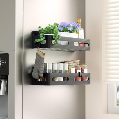 Sevenblue 2-Pack Magnetic Spice Rack for Refrigerator with Hooks, Black | Strong multipurpose magnetic shelf for kitchen & bathroom organization. Includes 4 removable hooks for hanging items. - color: Black, size: 2 Pack