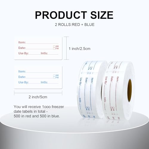 Removable Food Labels 2 Rolls 1000 Pcs Waterproof Oil-Resistant Write-On Date Stickers with Bonus Pen Freezer Refrigerator Food Container Labels for Meal Prep & Organization