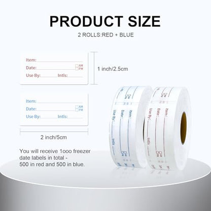 Removable Food Labels 2 Rolls 1000 Pcs Waterproof Oil-Resistant Write-On Date Stickers with Bonus Pen Freezer Refrigerator Food Container Labels for Meal Prep & Organization