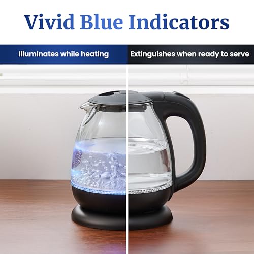 Elite Gourmet EKT1001B Electric 1.0L BPA-Free 1100W Glass Kettle Cordless 360° Base, Stylish Blue LED Interior, Handy Auto Shut-Off Function – Quickly Boil Water For Tea & More, Graphite Black - size: 1.1 Quarts