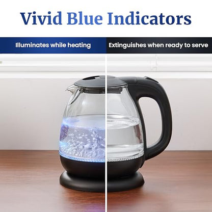 Elite Gourmet EKT1001B Electric 1.0L BPA-Free 1100W Glass Kettle Cordless 360° Base, Stylish Blue LED Interior, Handy Auto Shut-Off Function – Quickly Boil Water For Tea & More, Graphite Black - size: 1.1 Quarts