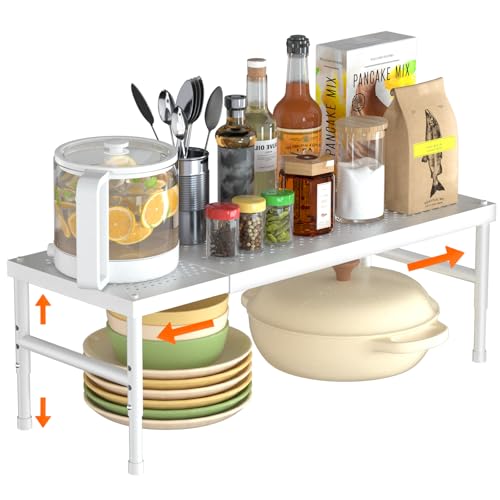 HI NINGER Expandable adjustable stackable kitchen organizer,Spice Racks,Counter Shelf for Cabinets,Small Cupboard Organizers,Heavy Duty Metal Pantry Storage Shelves Racks for kitchen,cabinet - color: White