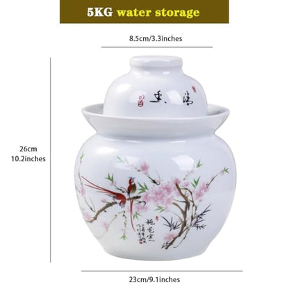 Peach Blossom and Bird Pattern Pickle Jar, Jingdezhen Porcelain with Ink Painting, Double-lid Fermentation Crock, Water-Sealed Ceramic Kimchi Jar(5kg/176.4oz) - size: 5kg/176.4oz