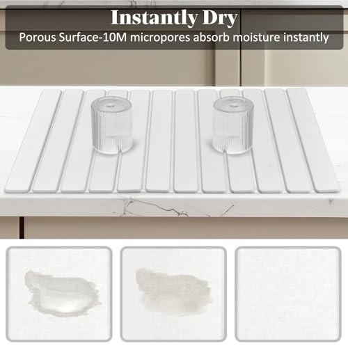 Extra Large Stone Dish Drying Mats for Kitchen Counter, 28"×16" Quick Drying Collapsible Dish Drying Mat, Absorbent Eco-Friendly Diatomaceous Earth Mats for Dishes Bottles, Match Any Countertop【White】