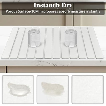 Extra Large Stone Dish Drying Mats for Kitchen Counter, 28"×16" Quick Drying Collapsible Dish Drying Mat, Absorbent Eco-Friendly Diatomaceous Earth Mats for Dishes Bottles, Match Any Countertop【White】
