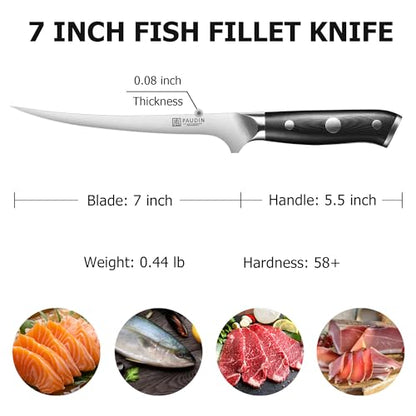 PAUDIN Fillet Knife, 7" Flexible Boning Knives with G10 Handle, Dishwasher Safe High Carbon German Steel Fish Knife for Meat Trimming, Deboning & Skinning,Professional Holiday BBQ Cooking Gift for Men - size: Fillet Knife - 7 inch