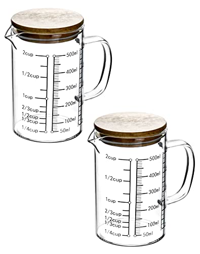 QWORK Glass Measuring Cup, 2 Pack 500ML (18 Oz, 2 Cup), High Borosilicate Glass Scale Cup with Handle and Durable Bamboo Lid, for Kitchen or Restaurant - size: 2 Pack