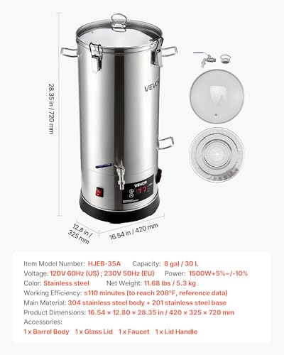 VEVOR Beer Brewing Equipment, 8 Gal/30L 304 Stainless Steel Home Beer Brewer,1500W All-in-One Home Brewing Kit with Tall strainer, Integrated Inner Barrel & Reinforced Handle - size: 8 Gal