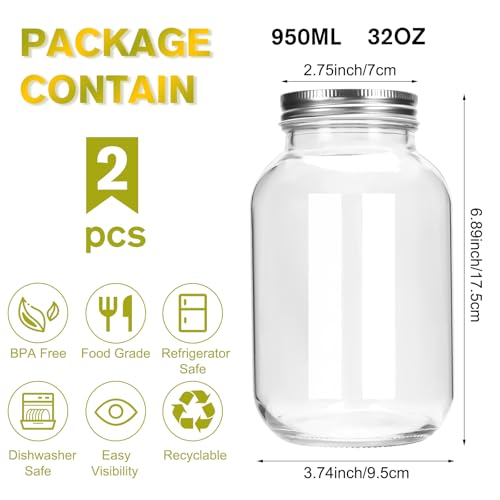 Glass Mason Jars, 2 Pack 32oz Clear Glass Regular Mouth Quart Canning Jars with Lids for Sealing, Ideal for Food Storage, Snacks, Candies, Jam, Honey, Wedding, Shower Favors, DIY Projects