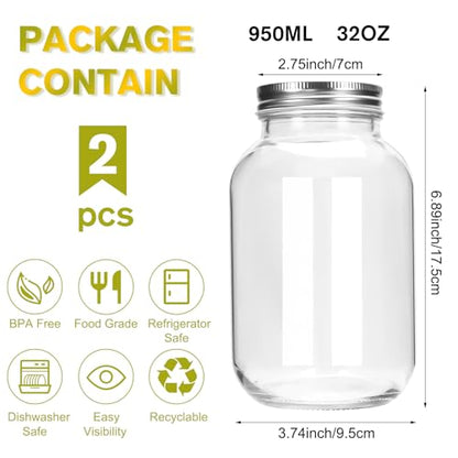 Glass Mason Jars, 2 Pack 32oz Clear Glass Regular Mouth Quart Canning Jars with Lids for Sealing, Ideal for Food Storage, Snacks, Candies, Jam, Honey, Wedding, Shower Favors, DIY Projects