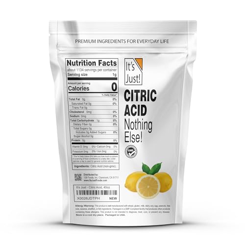 It's Just! - Citric Acid, Food Grade Flavor Enhancer Powder, Non-GMO, Great for Cooking, Cleaning, Bath Bombs, Natural Preservative (2.5 Pounds) - size: 2.5 Pound (Pack of 1)