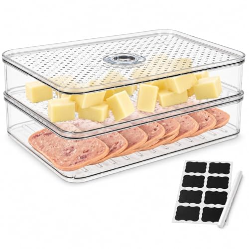 2 Layers Cheese Lunch Meat Storage Container for Fridge,Deli Food Storage Container with Lids,Refrigerator Organizers and Storage for Cheese,Cold Cuts, Bacon,Ham,Sandwich Meat Keeper