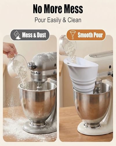 Flour Funnel for Kitchen Aid Mixer, KSM150 4.5-5 Quart Tilt-Head Stand Mixer，Food-Grade Silicone Funnel with Easy-Pour, Prevents Spills and Messes Dishwasher Safety