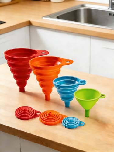 4-Pack Silicone Funnel Set,4 Sizes Foldable Food-Grade Kitchen Funnels for Cooking,Baking Bottles & Liquids,Easy Storage