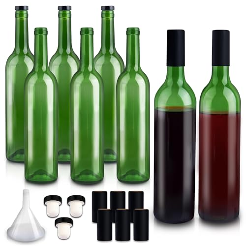 GUANENA 8 Pack 750ml Glass Wine Bottles, 25oz Green With Cork Lids and PVC Shrink Capsules, Empty Home Brewing Bottles With Funnel for Making, Limoncello, Mead, Liquor - color: Green