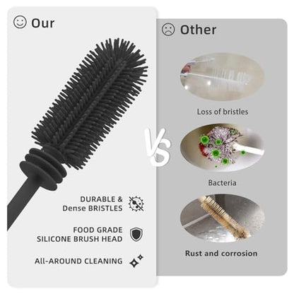 Silicone Bottle Brush and Straw Cleaner Set,Water Bottle Brush Double-Headed,Straw Brush Silicone,Bottle Cleaner Brush for Thermoses and Sports/Water Bottles/Dish/Cup (Black-Grey)