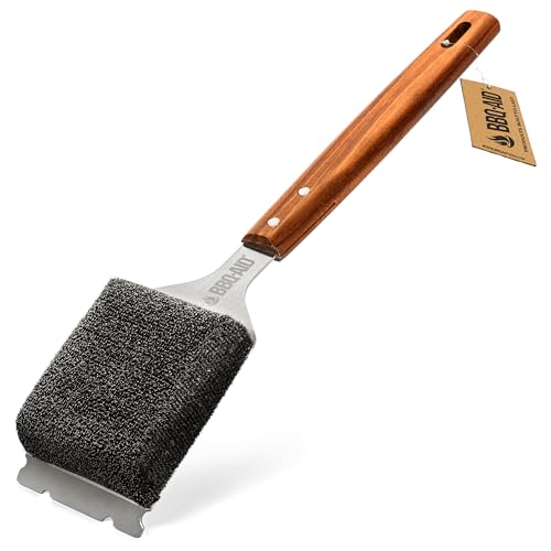 Bristle Free Grill Brush Cleaner and Scraper for Barbecue, Replaceable Head | Bristle-Free Grill Brush with Replaceable Head & Acacia Wood Handle. Heavy-Duty Scraper, No-Scratch BBQ Grate Cleaning. - color: Wood