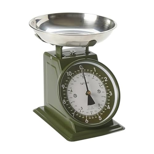 Taylor Analog Kitchen Scale, Stainless Steel Mechanical Food Scale with Removable Bowl, 11 lb Capacity, Large 5-Inch Dial, Battery-Free Design for Baking and Meal Prep - color: Green, size: Small