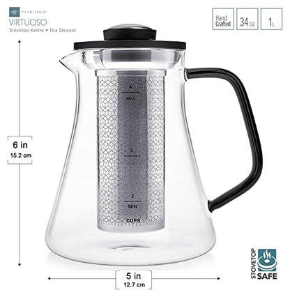 Teabloom 2-in-1 Tea Kettle and Tea Steeper - Glass Teapot with Thermometer and Stainless Steel Loose leaf Tea Infuser, No Whistle Kettles, Virtuoso 34-Ounce Tea Maker