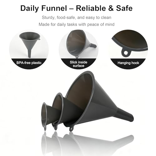 Plastic Kitchen Funnel Set of 3 with Brush – BPA Free Food Grade Funnels for Filling Canning Bottles Oil, Multifunctional for Cooking Lab Automotive, Gray - color: Gray