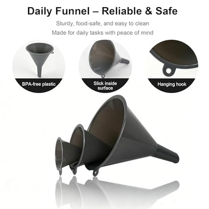 Plastic Kitchen Funnel Set of 3 with Brush – BPA Free Food Grade Funnels for Filling Canning Bottles Oil, Multifunctional for Cooking Lab Automotive, Gray - color: Gray